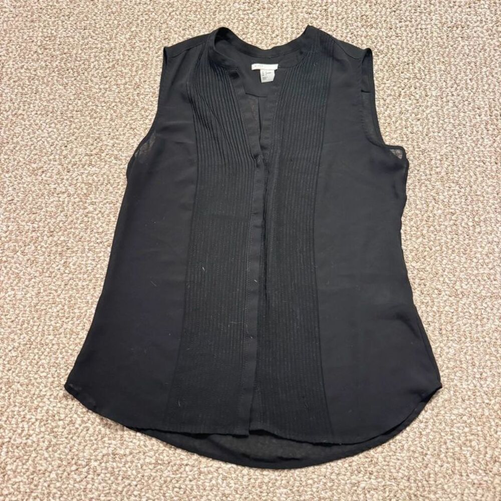 H&M Black Sleeveless Sheer Blouse Pintuck Front Hidden Button US 8